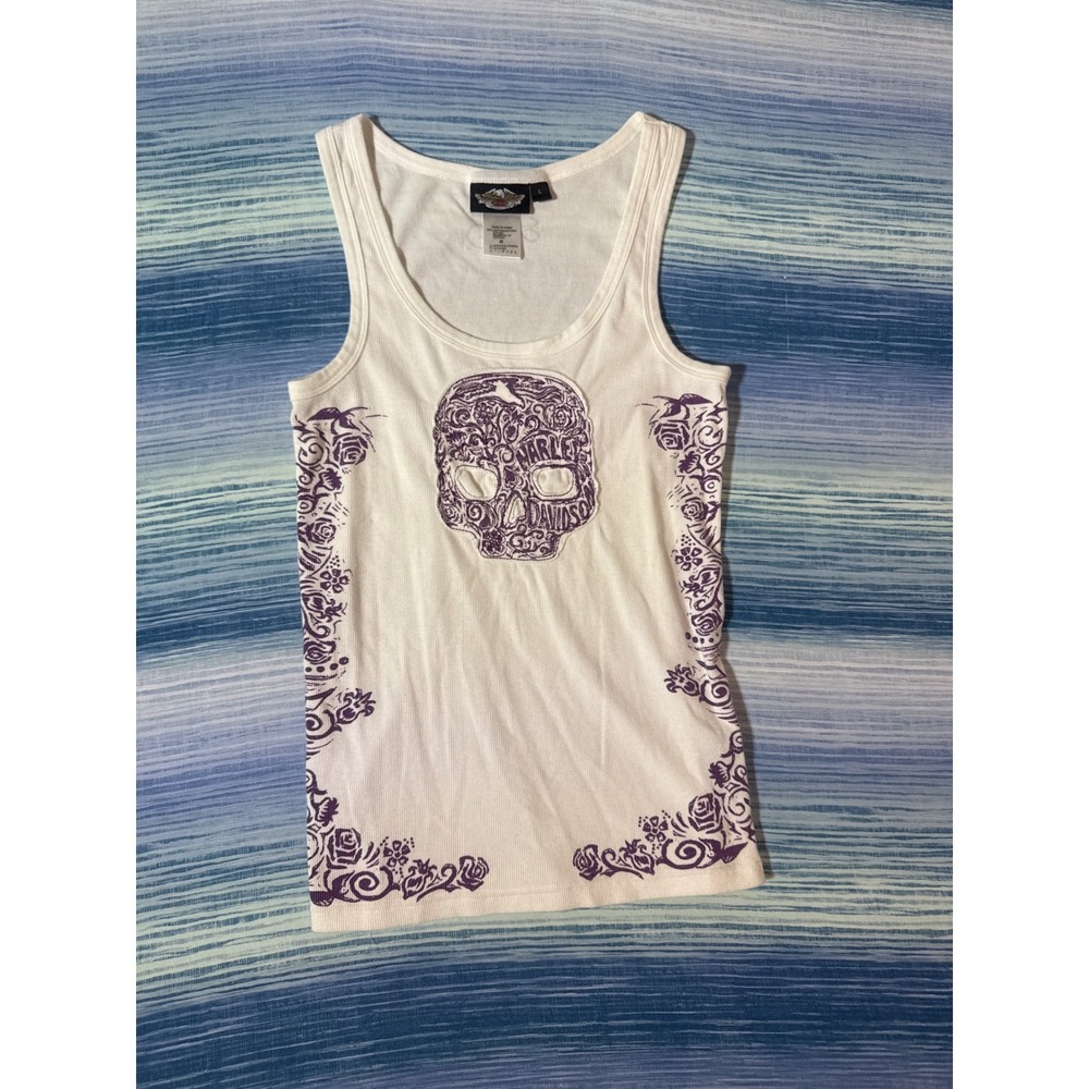 Harley-Davidson Sugar Skull Ribbed Tank Top Womens Large White Purple Floral